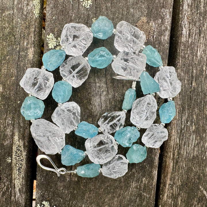 Hammer cut aquamarine & quartz crystal necklace