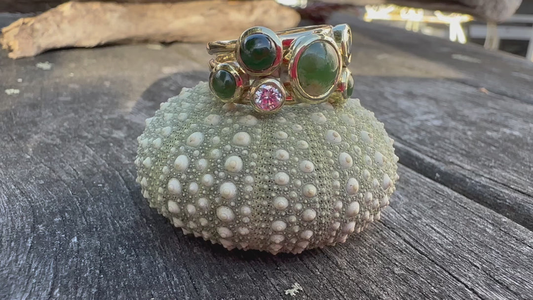 9ct Gold, pounamu, diamond and sapphire sky full of stars ring