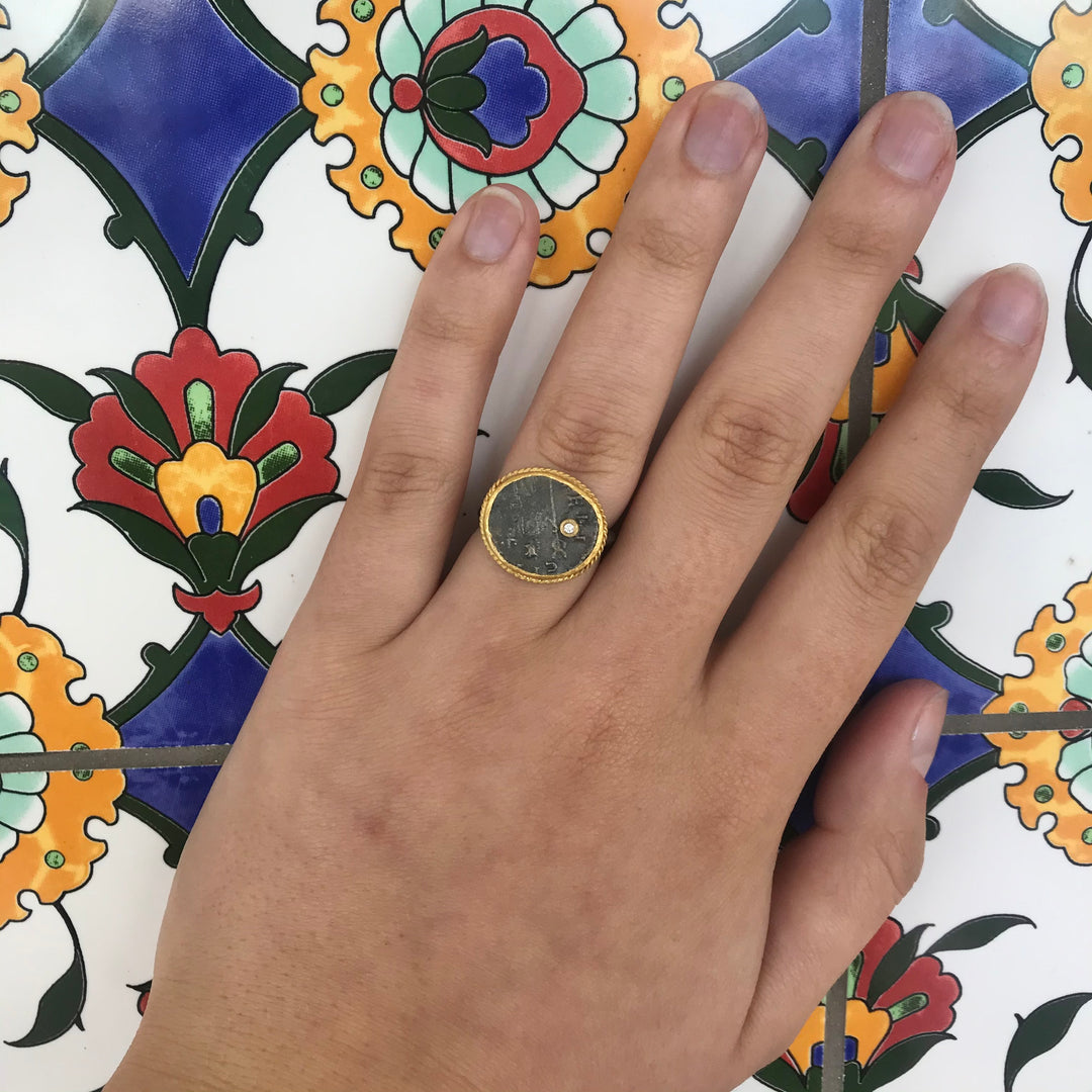 24ct Gold, Oxidised Sterling Silver, and Diamond Coin Ring, Kurtulan