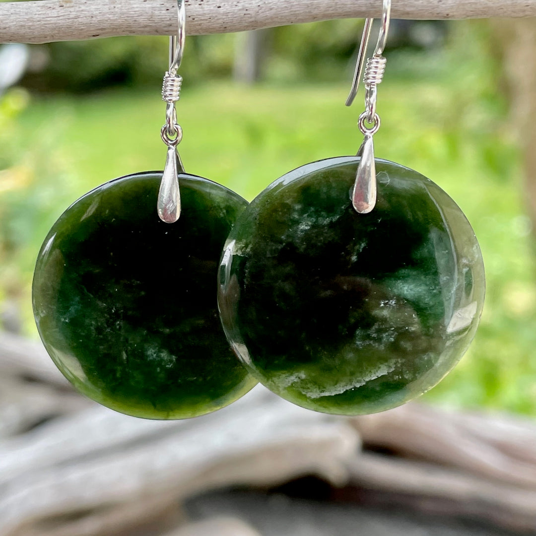Large Round Marsden Flower Earrings, New Zealand Greenstone