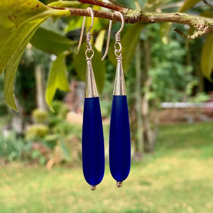 Dark Blue Sea Glass Drop Earrings