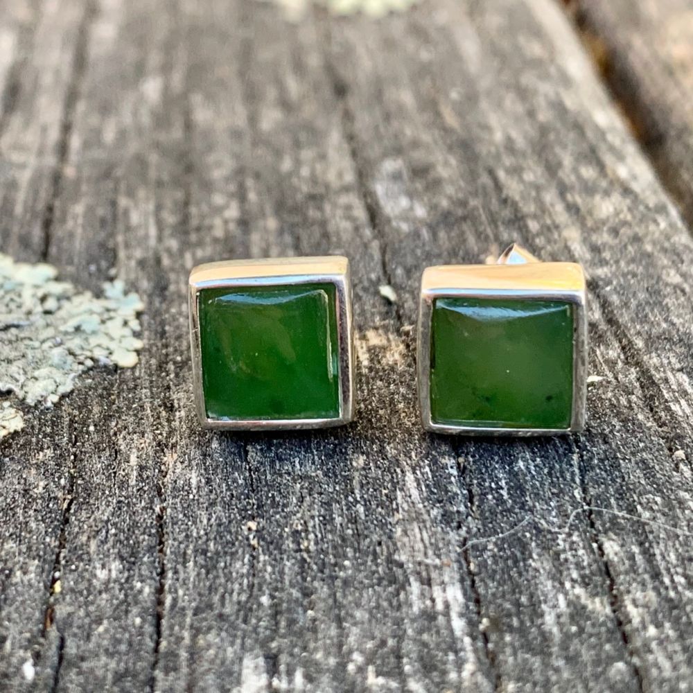 8mm Large Square Stud Earrings, New Zealand Greenstone