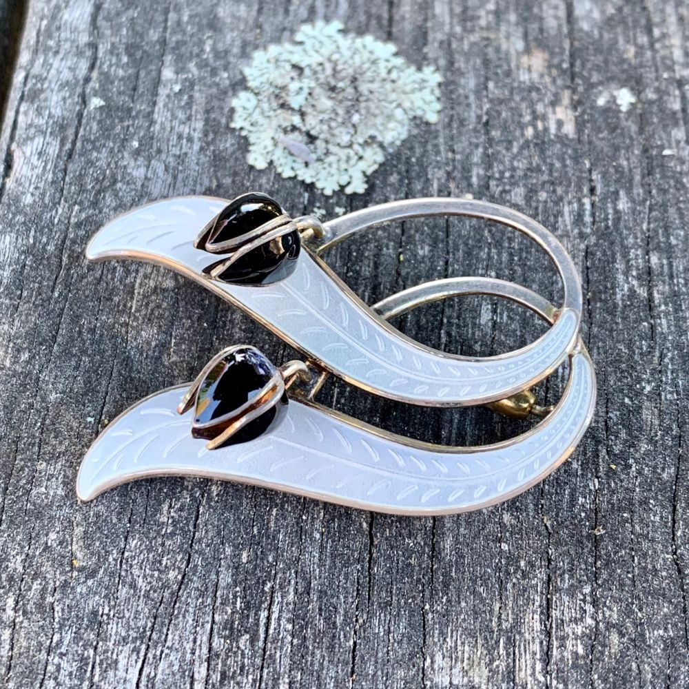 Vintage Enamel Lily of the Valley Brooch, Double Leaf, Aksel Holmsen