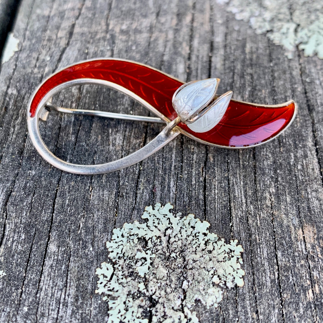 Vintage Enamel Lily of the Valley Brooch, Red, Aksel Holmsen