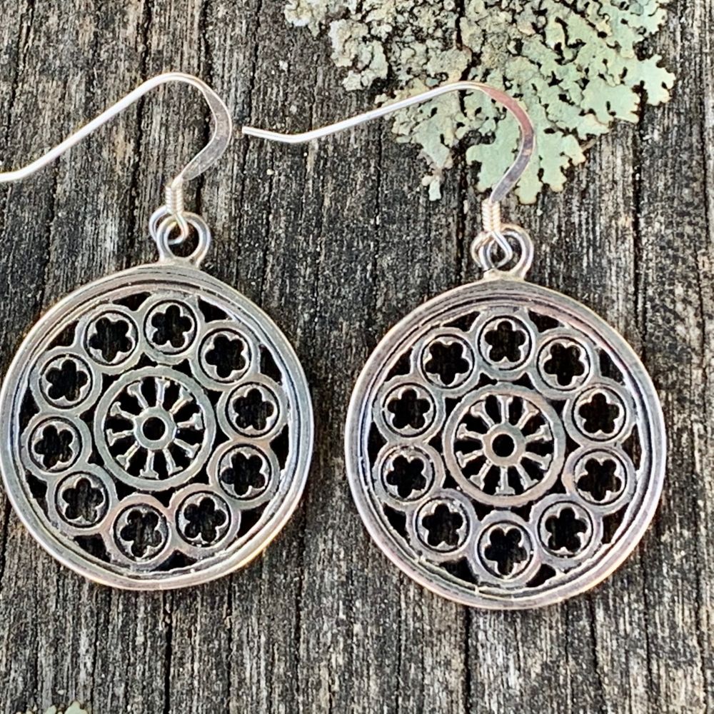 Large Rose Window Earrings, Sterling Silver