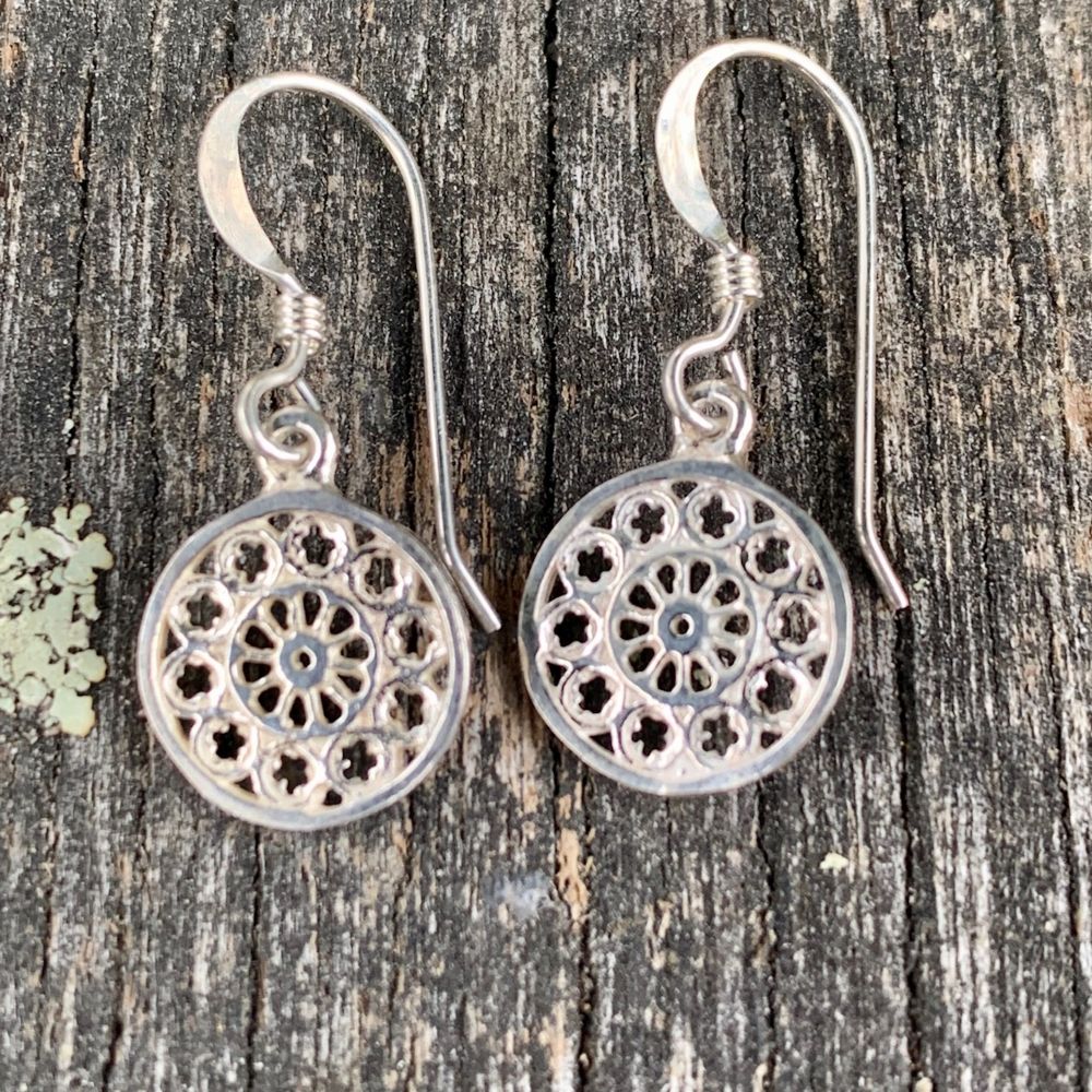 Tiny Rose Window Earrings, Sterling Silver