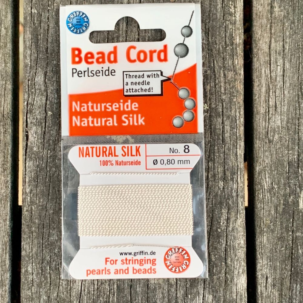 Natural Silk Bead Cord, White, No. 8