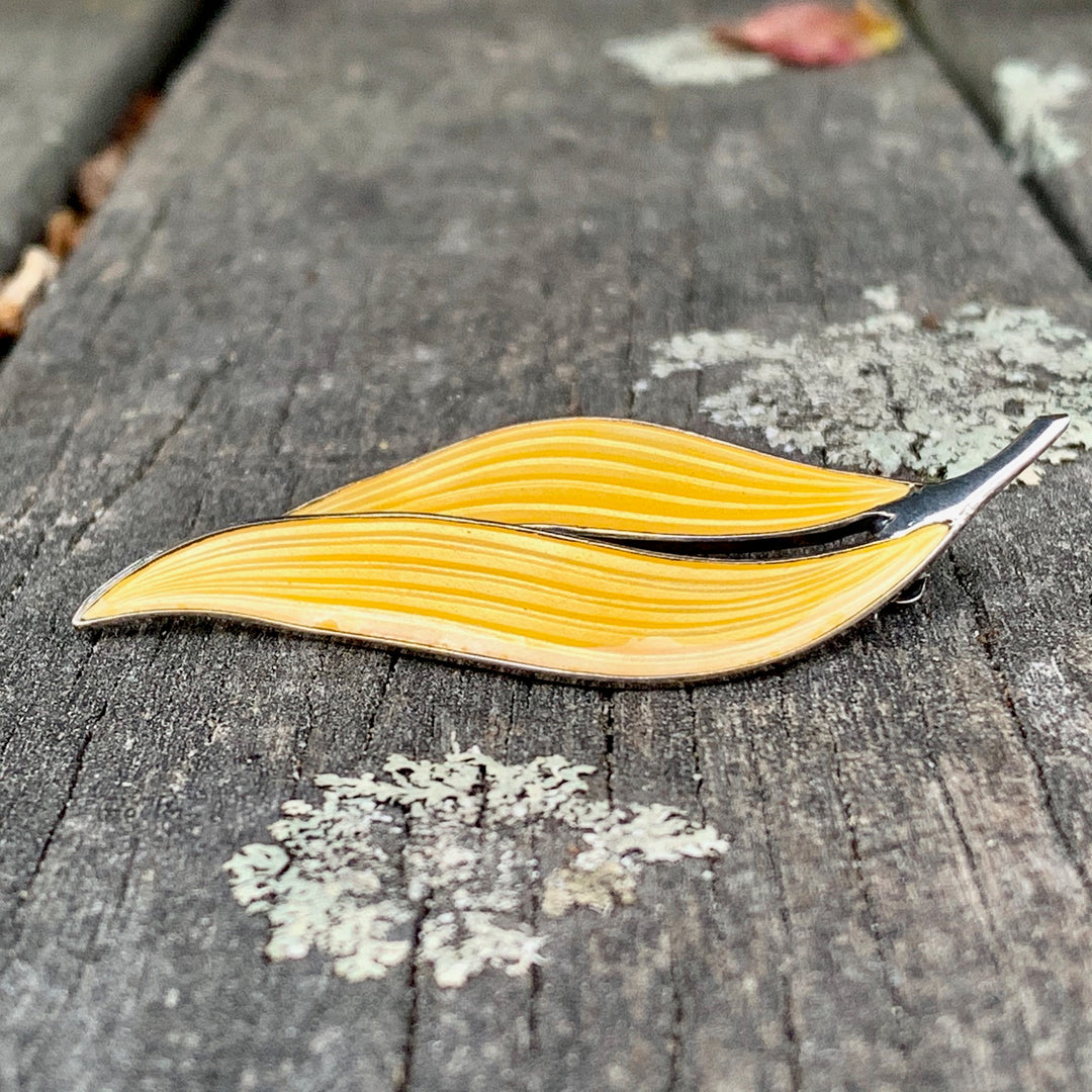 Vintage Enamel Double Leaf Brooch, Yellow, Aksel Holmsen