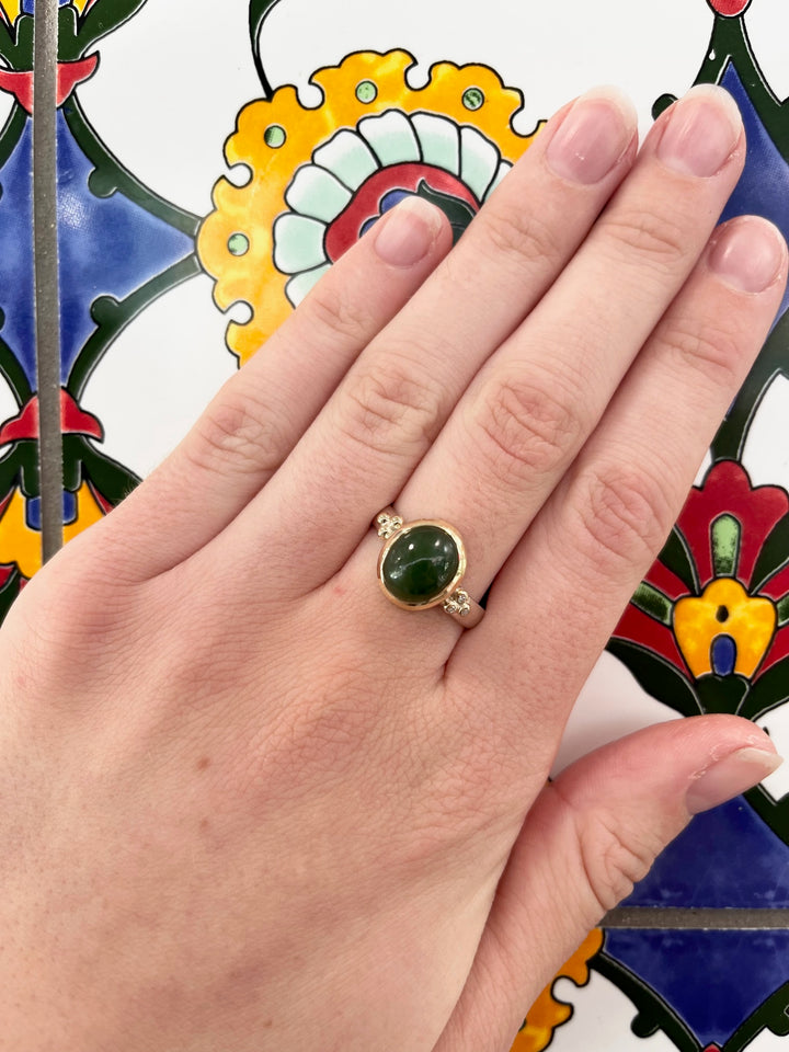 Oval New Zealand Greenstone and Diamond Ring