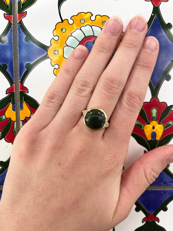 New Zealand Greenstone and Diamond Ring