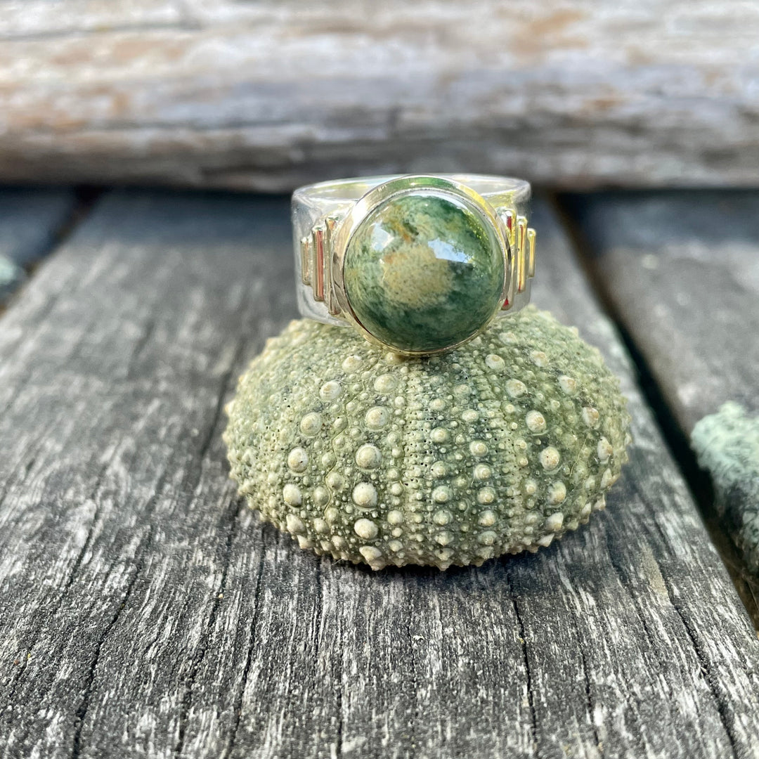 New Zealand Greenstone New Horizons Ring, Sterling Silver with Gold