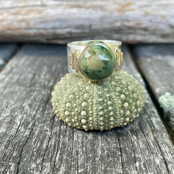 New Zealand Greenstone New Horizons Ring, Sterling Silver with Gold