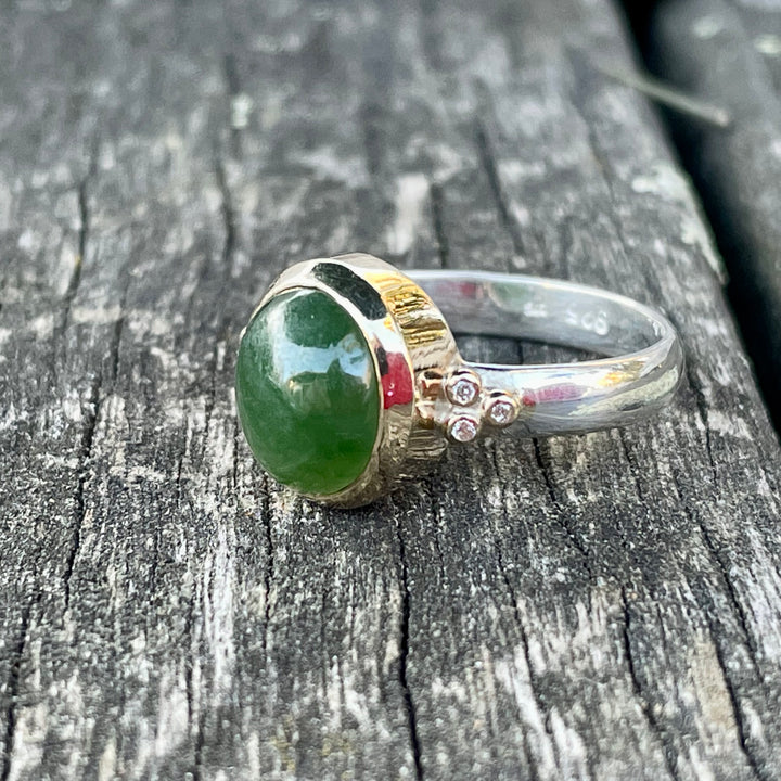 Oval New Zealand Greenstone and Diamond Ring