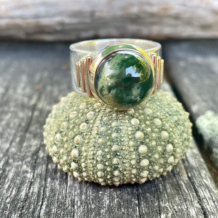 New Zealand Greenstone New Horizons Ring, Sterling Silver with Gold