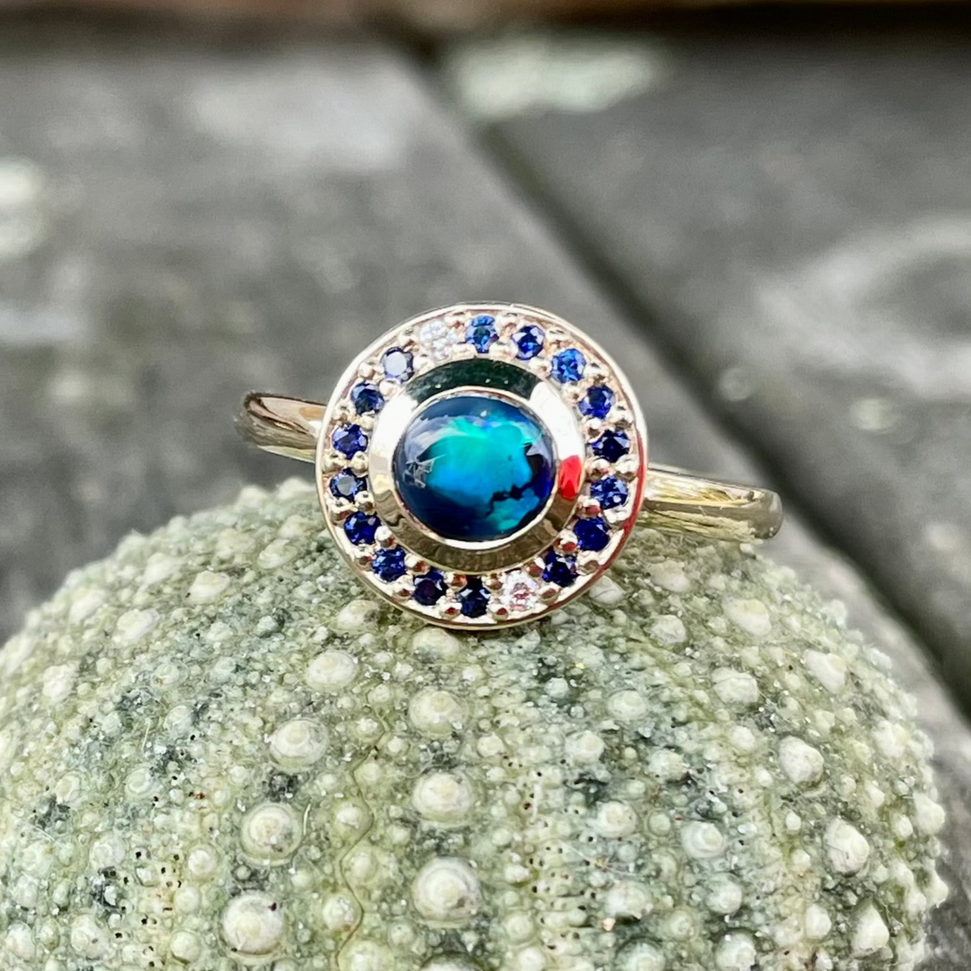 9ct Gold, Opal, Sapphire, and Diamond Halo Ring