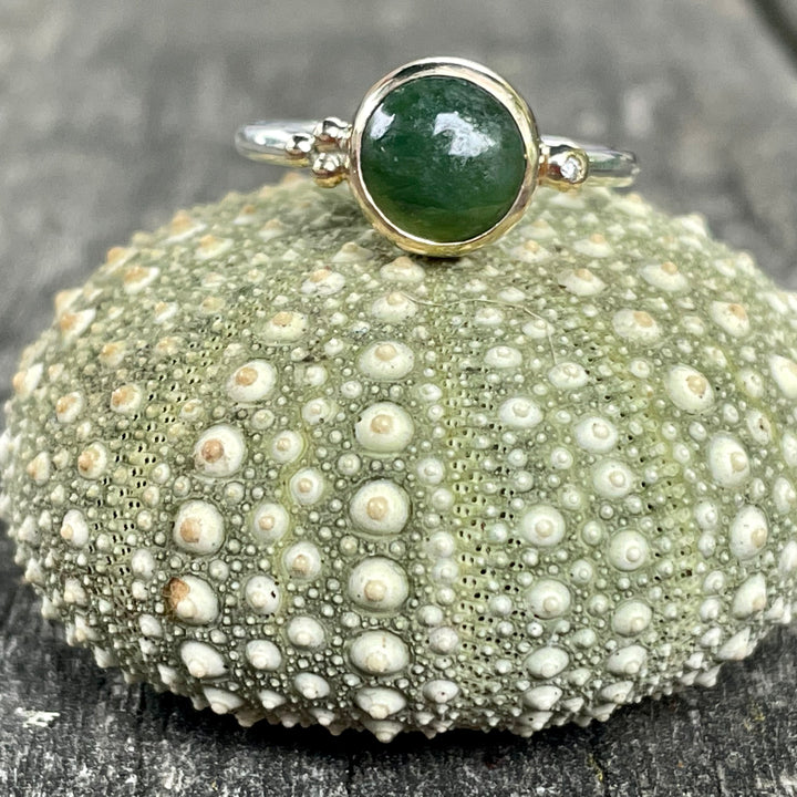 Diamond, New Zealand greenstone, sterling silver, & 9ct gold ring