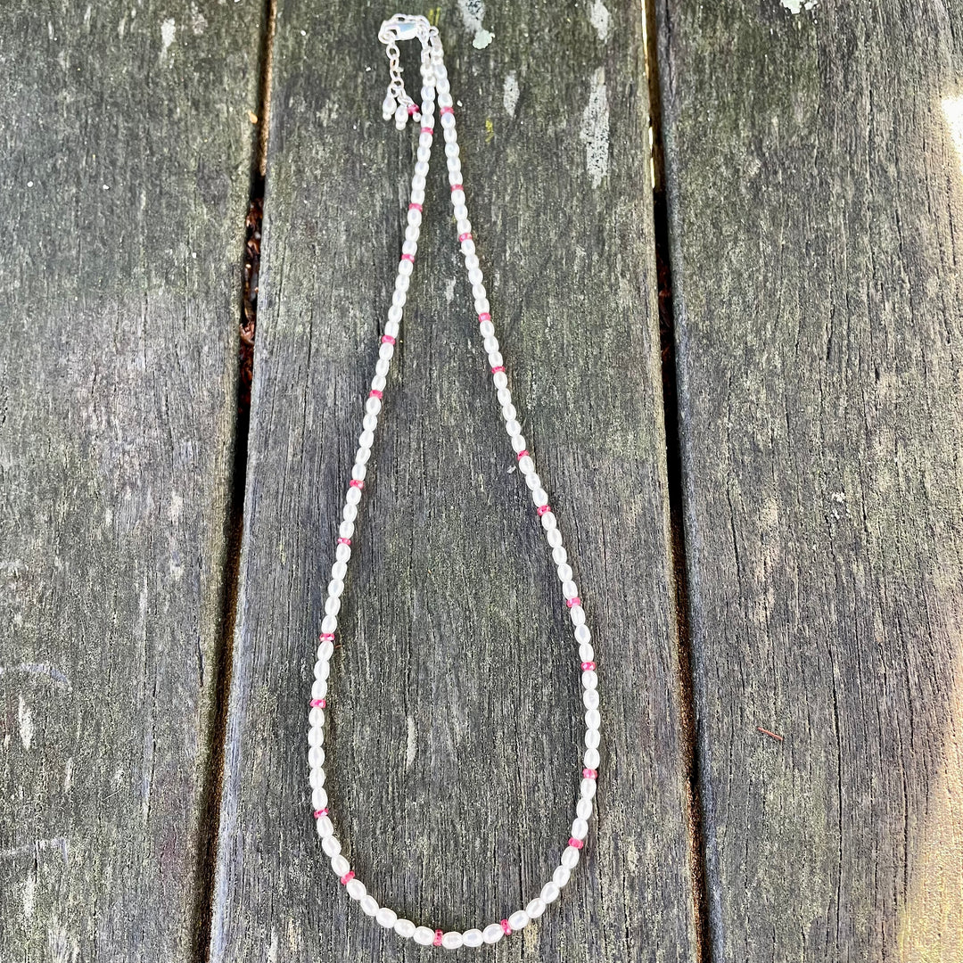 Tiny rice freshwater pearl with ruby necklace