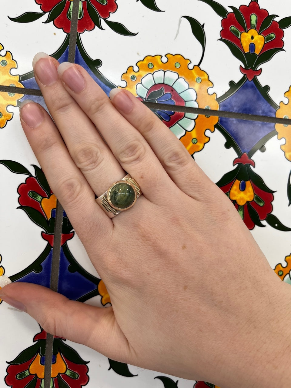 New Zealand Greenstone New Horizons Ring, Sterling Silver with Gold