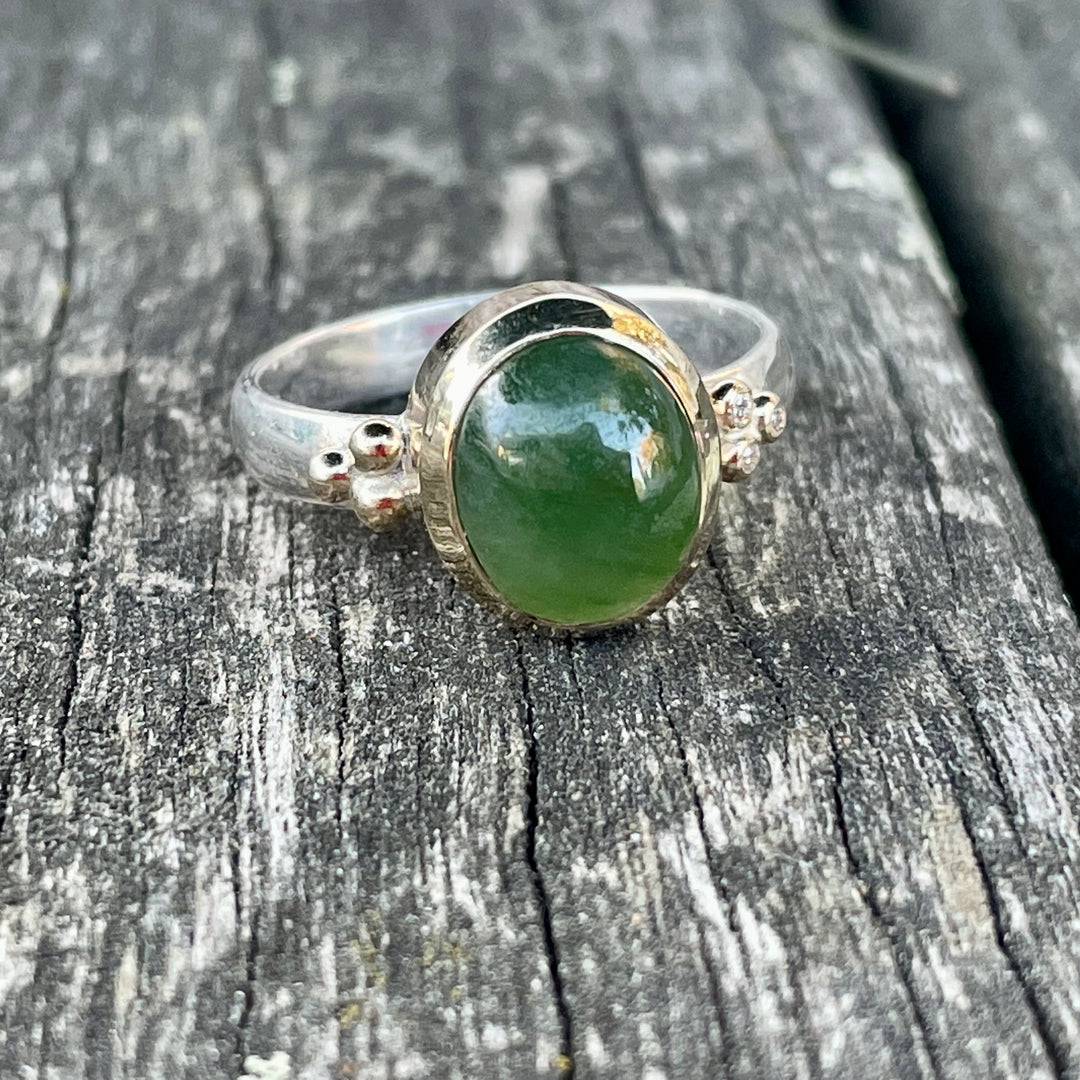 Oval New Zealand Greenstone and Diamond Ring