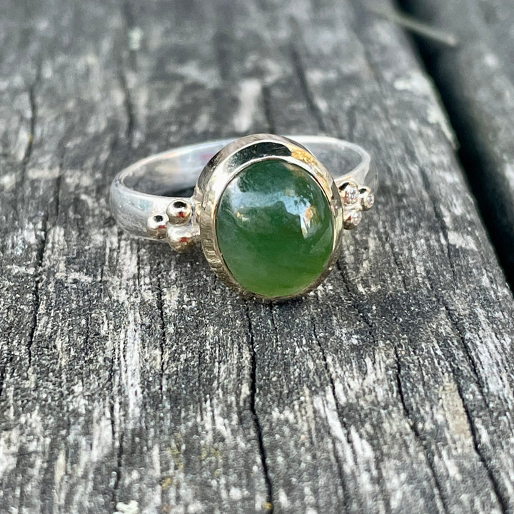 Oval New Zealand Greenstone and Diamond Ring