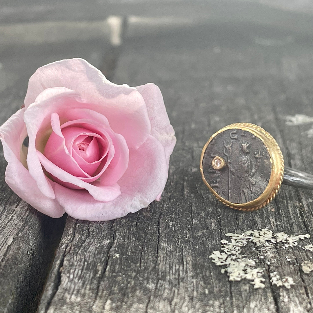 24ct Gold, Oxidised Sterling Silver, and Diamond Coin Ring, Kurtulan