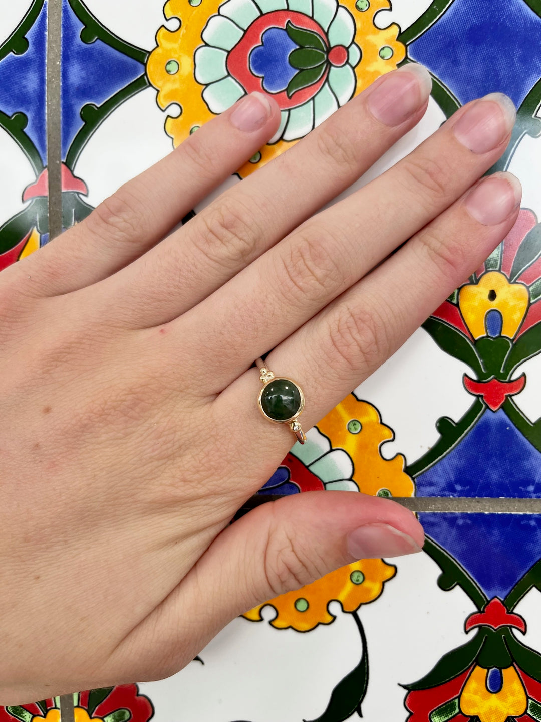 Diamond, New Zealand greenstone, sterling silver, & 9ct gold ring