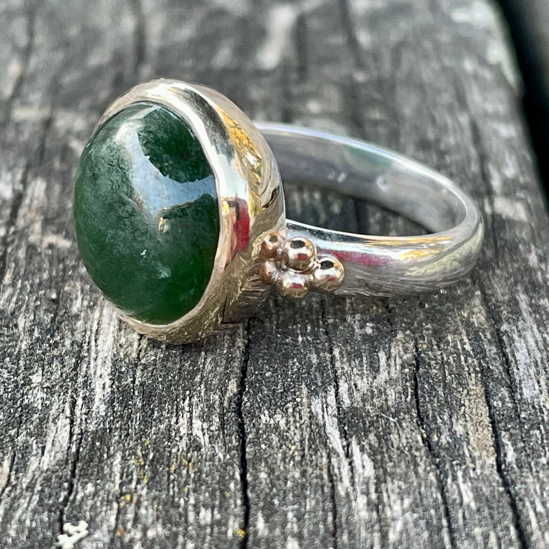 New Zealand Greenstone and Diamond Ring