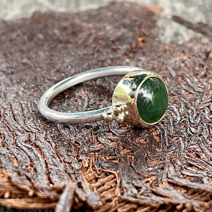 Diamond, New Zealand greenstone, sterling silver, & 9ct gold ring