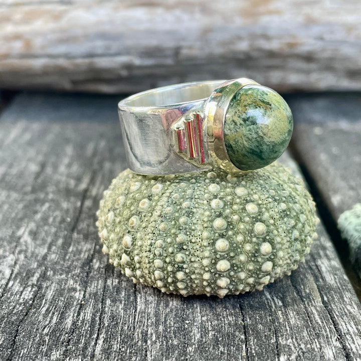 New Zealand Greenstone New Horizons Ring, Sterling Silver with Gold