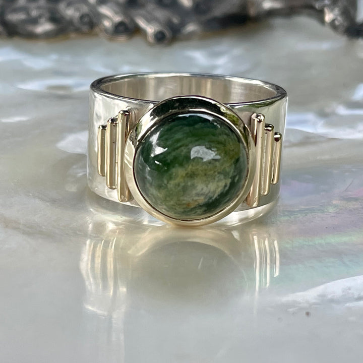 New Zealand Greenstone New Horizons Ring, Sterling Silver with Gold