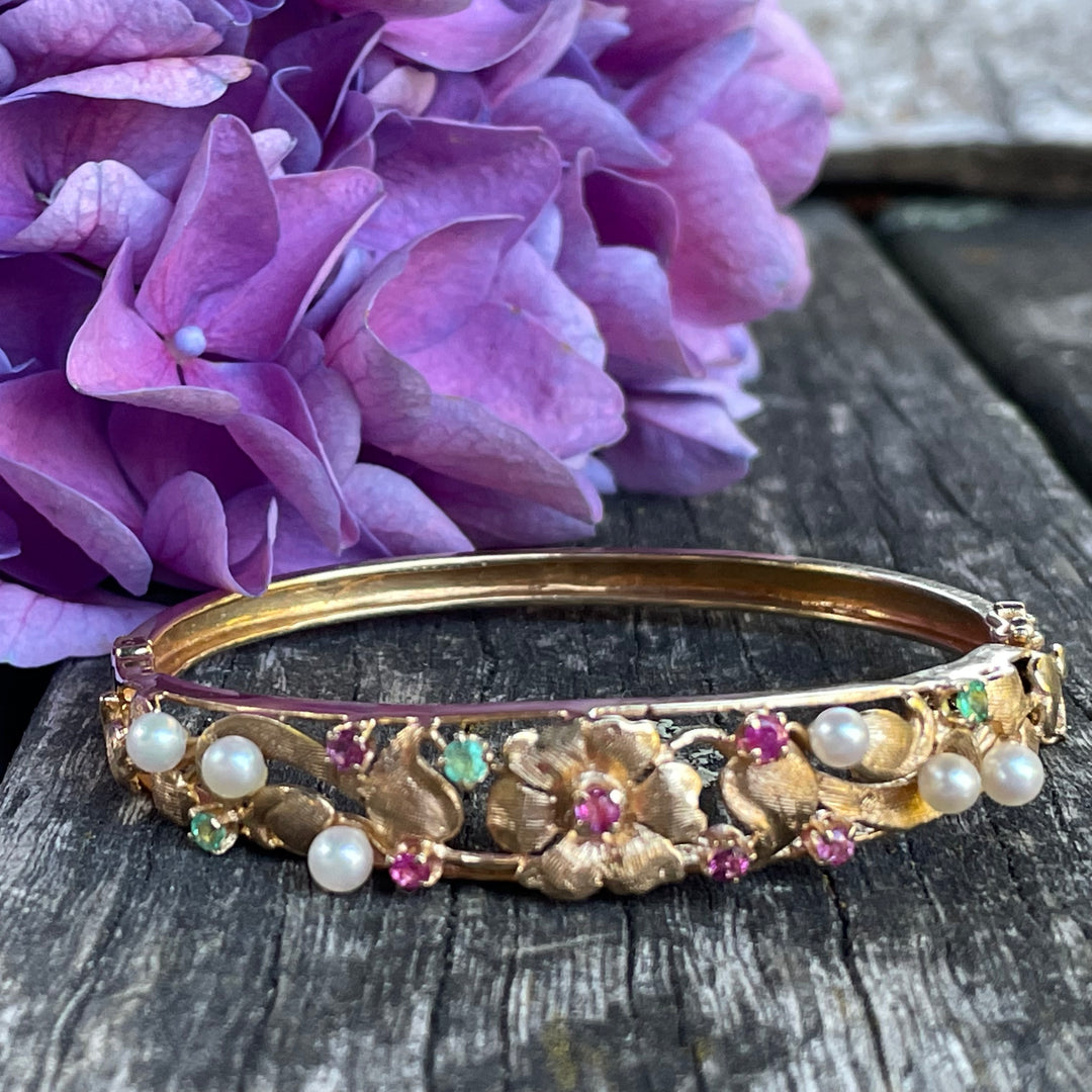Vintage 14ct ruby, pearl and emerald bangle