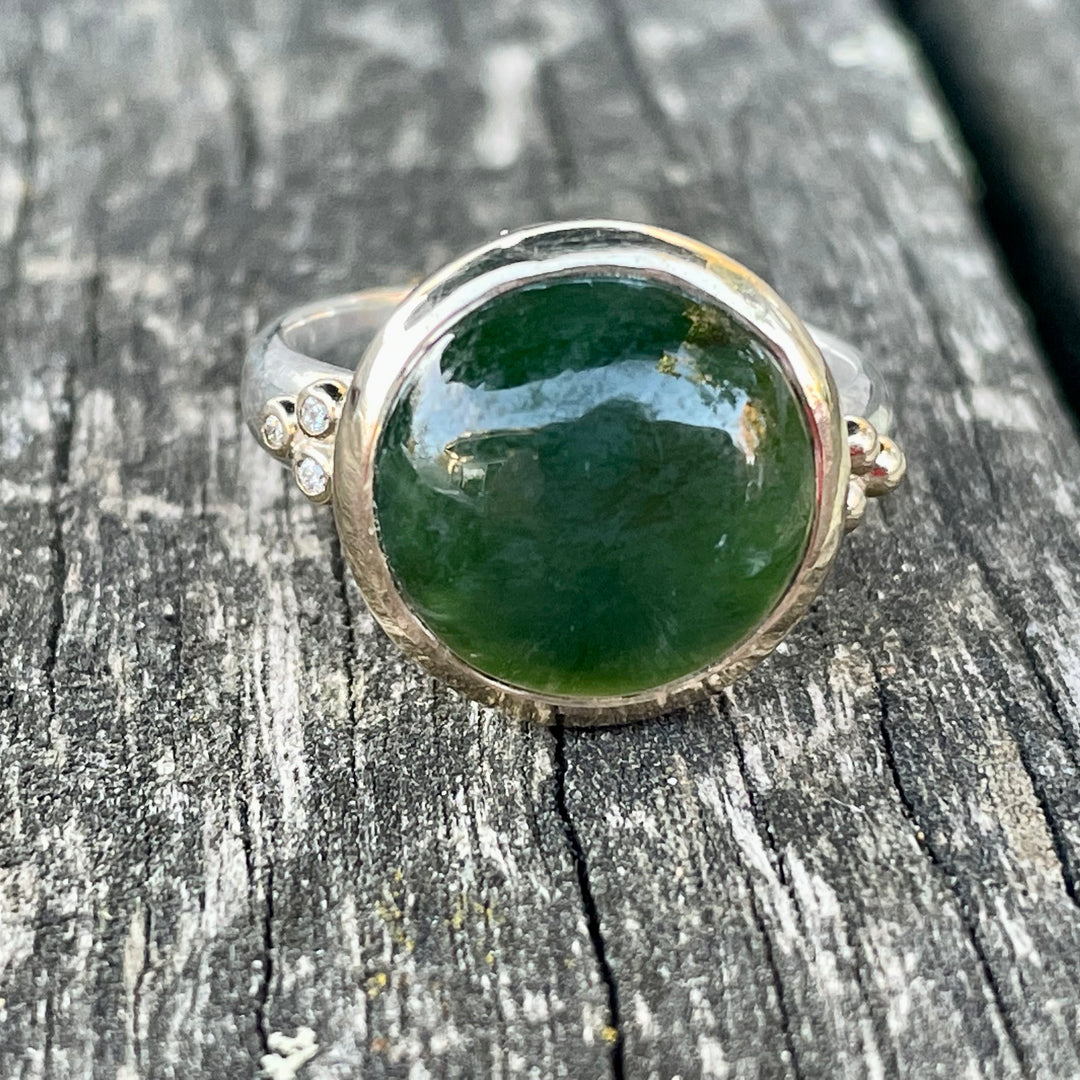 New Zealand Greenstone and Diamond Ring