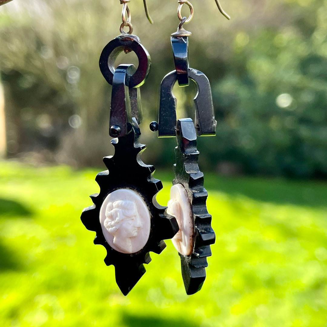 Antique Vulcanite Earrings with Shell Cameos