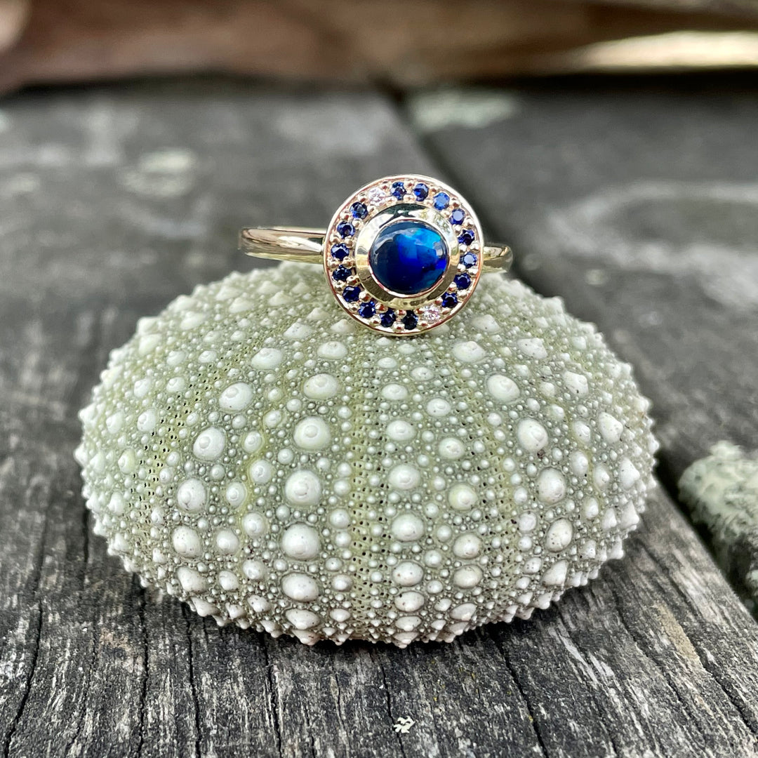 9ct Gold, Opal, Sapphire, and Diamond Halo Ring
