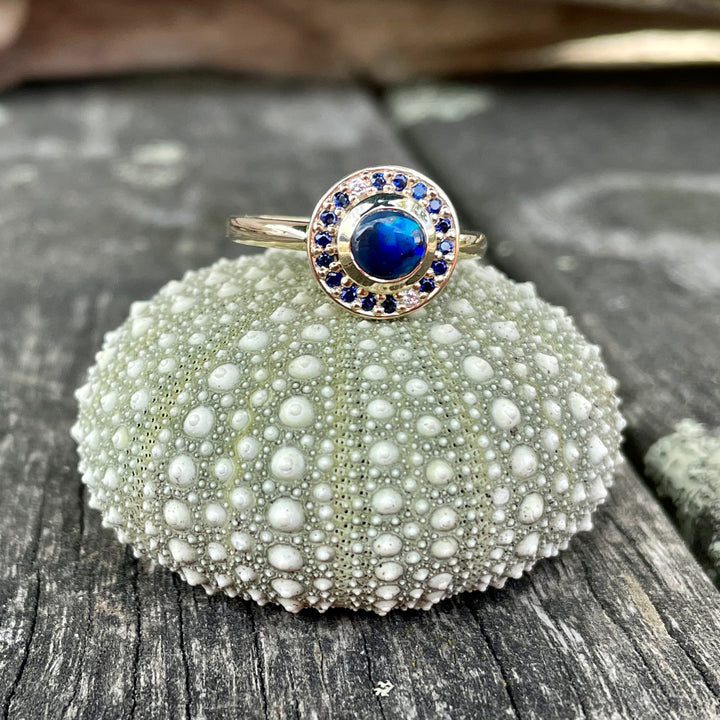 9ct Gold, Opal, Sapphire, and Diamond Halo Ring