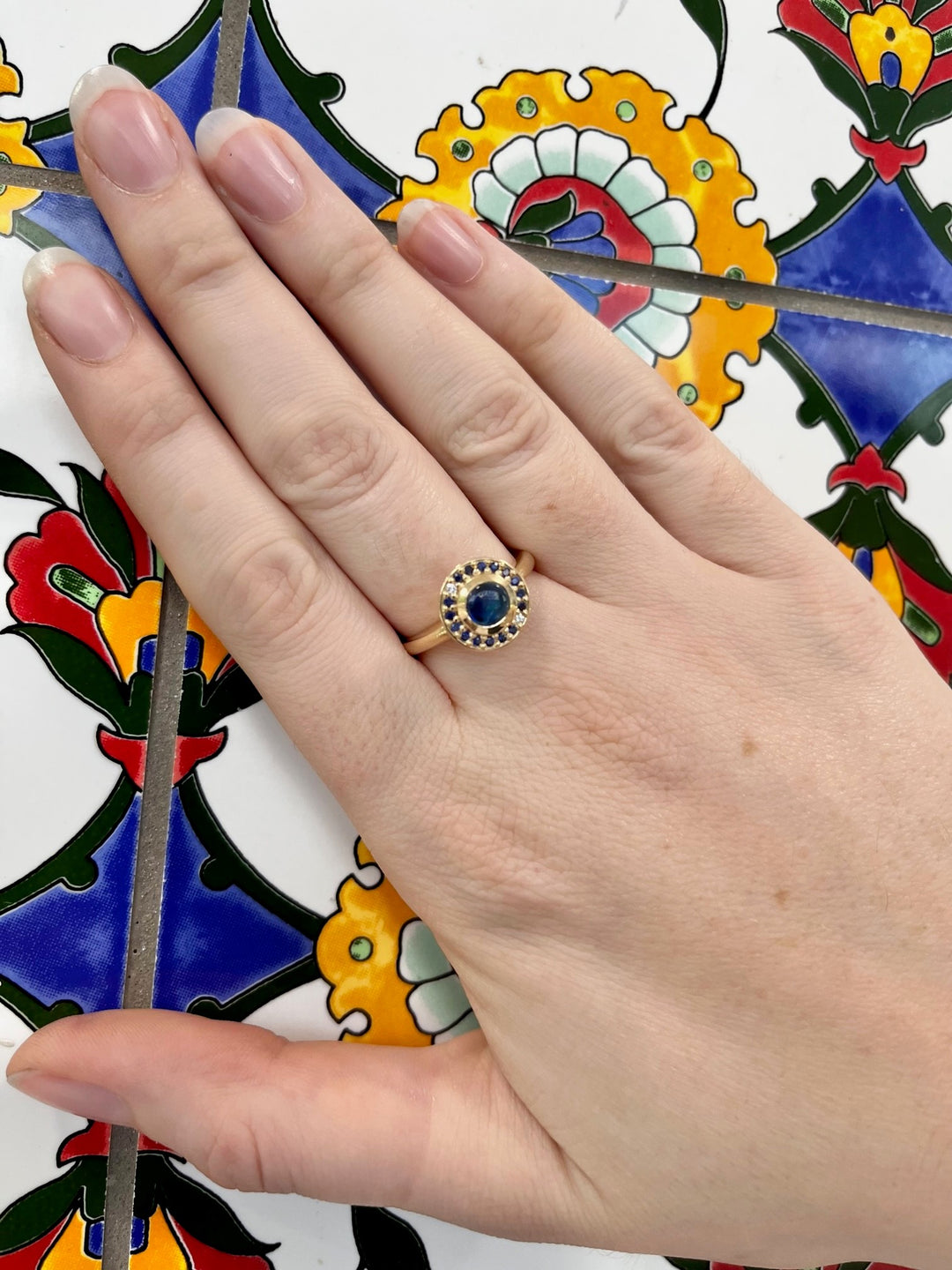 9ct Gold, Opal, Sapphire, and Diamond Halo Ring