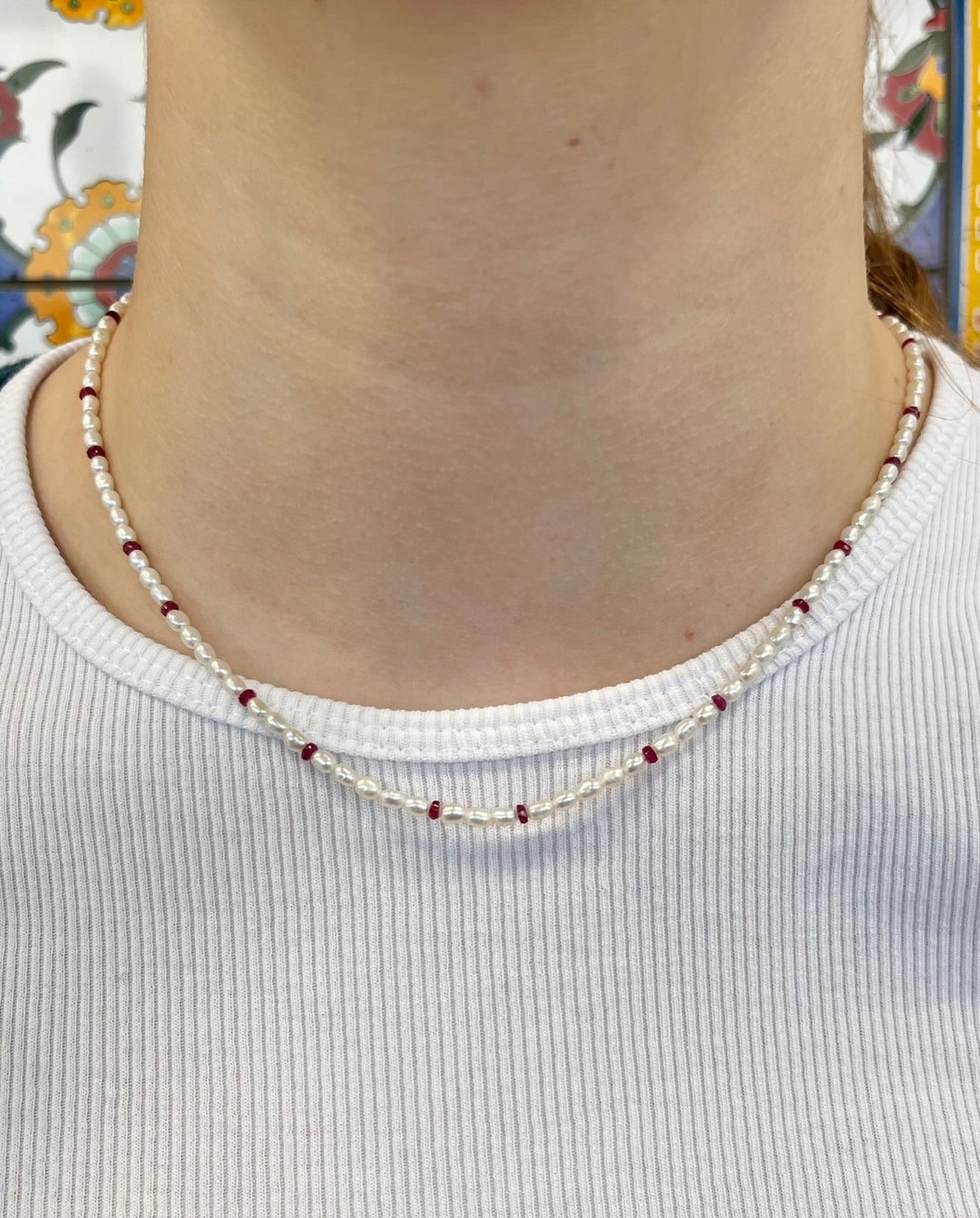 Tiny rice freshwater pearl with ruby necklace