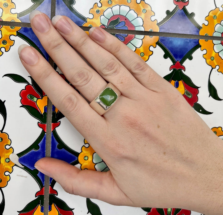 New Zealand Greenstone and Sterling Silver Signet Ring