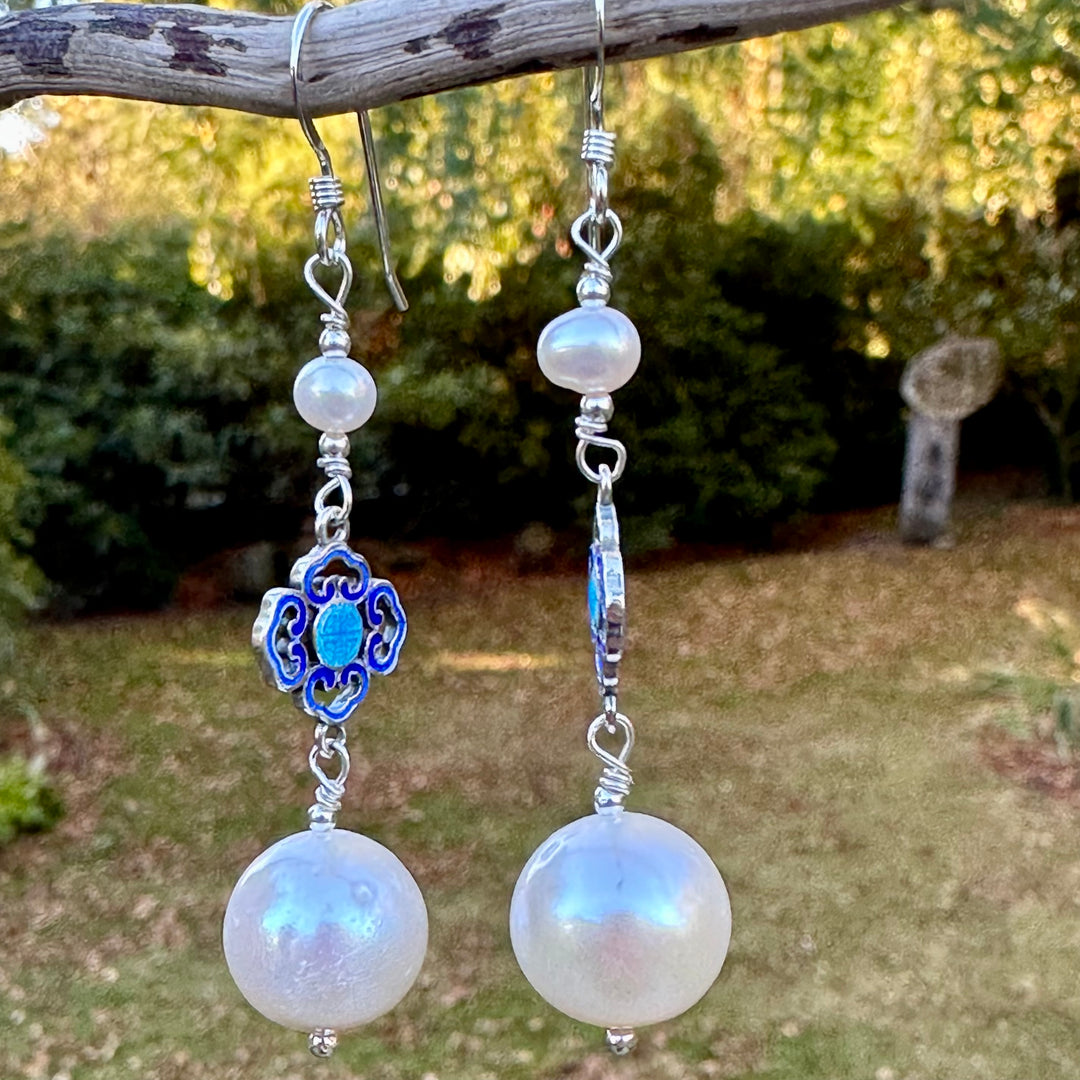 3 tier white freshwater pearl and enamel earrings