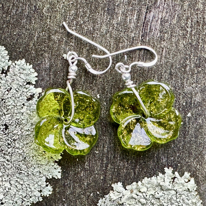 Bright green glass flower earrings