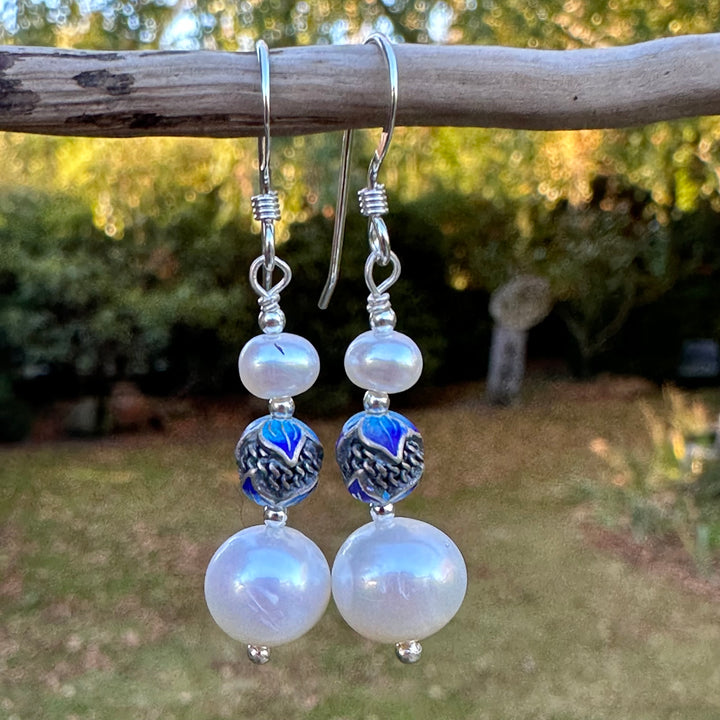 Freshwater pearl & enamel earrings