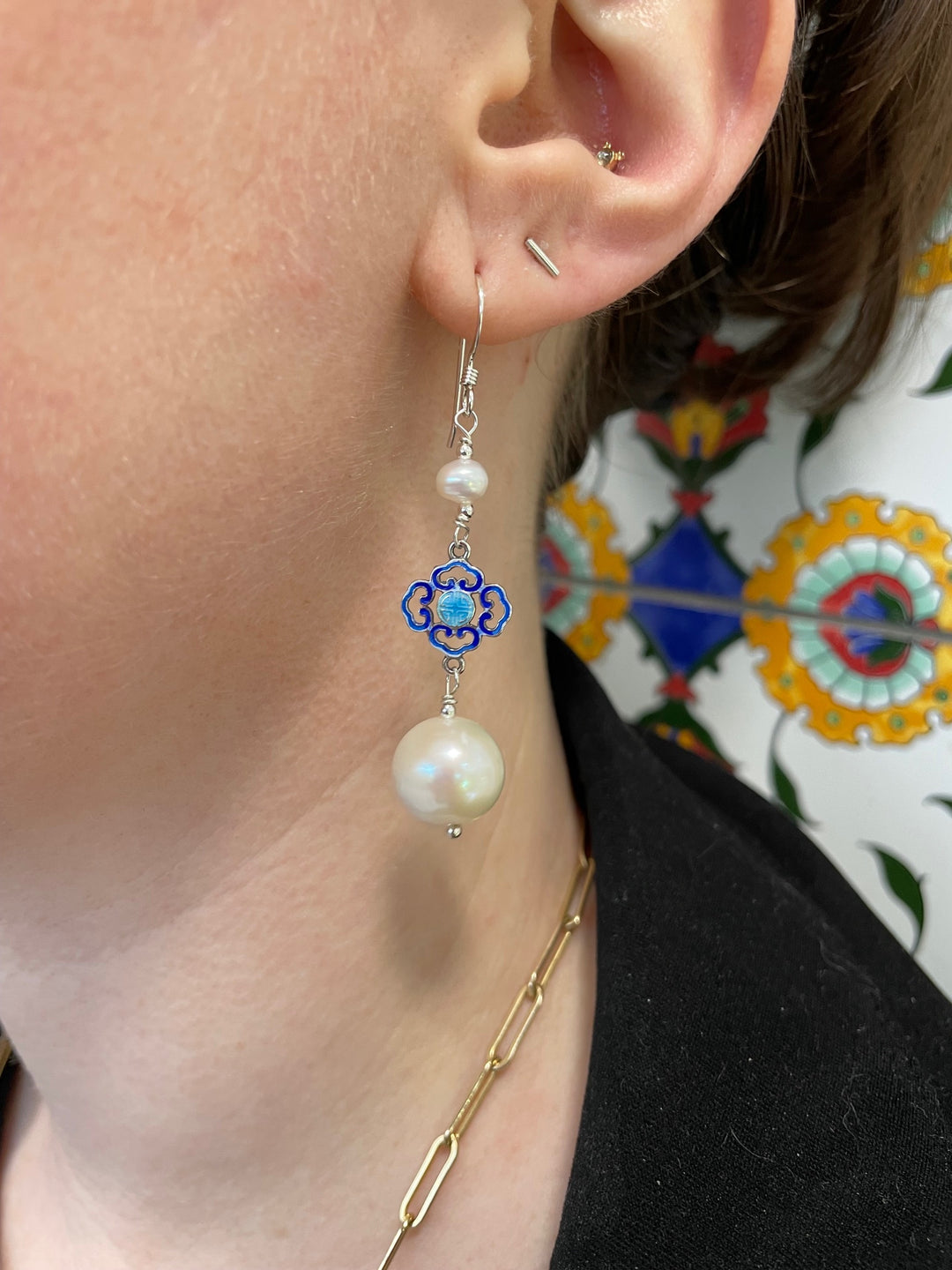 3 tier white freshwater pearl and enamel earrings