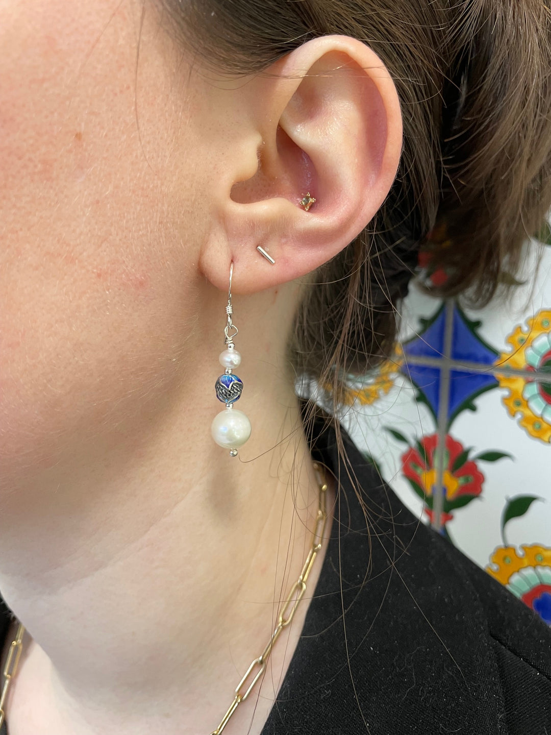 Freshwater pearl & enamel earrings