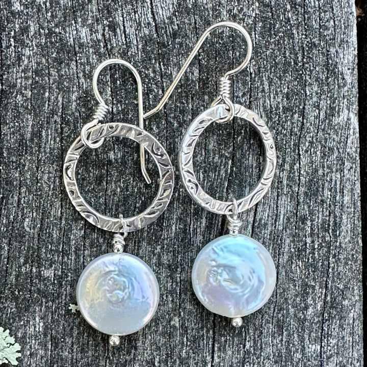 White freshwater coin pearl earrings