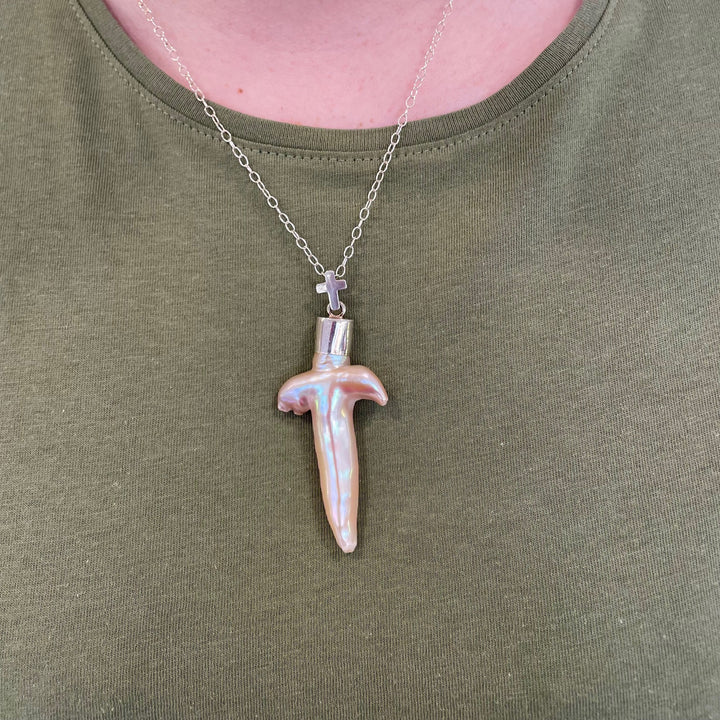 Pink Biwa pearl cross pendant