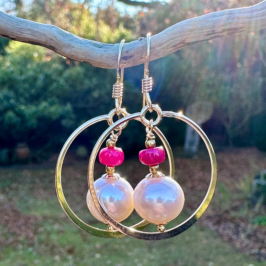 Ruby and freshwater pearl earrings