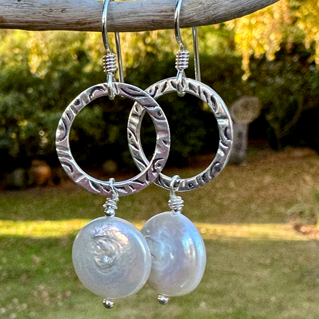 White freshwater coin pearl earrings