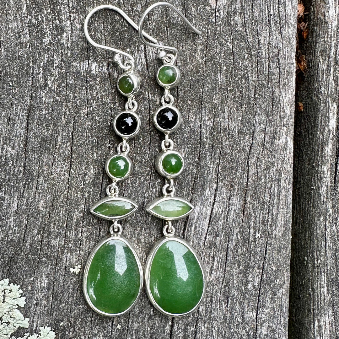 Sterling silver New Zealand greenstone and black onyx earrings