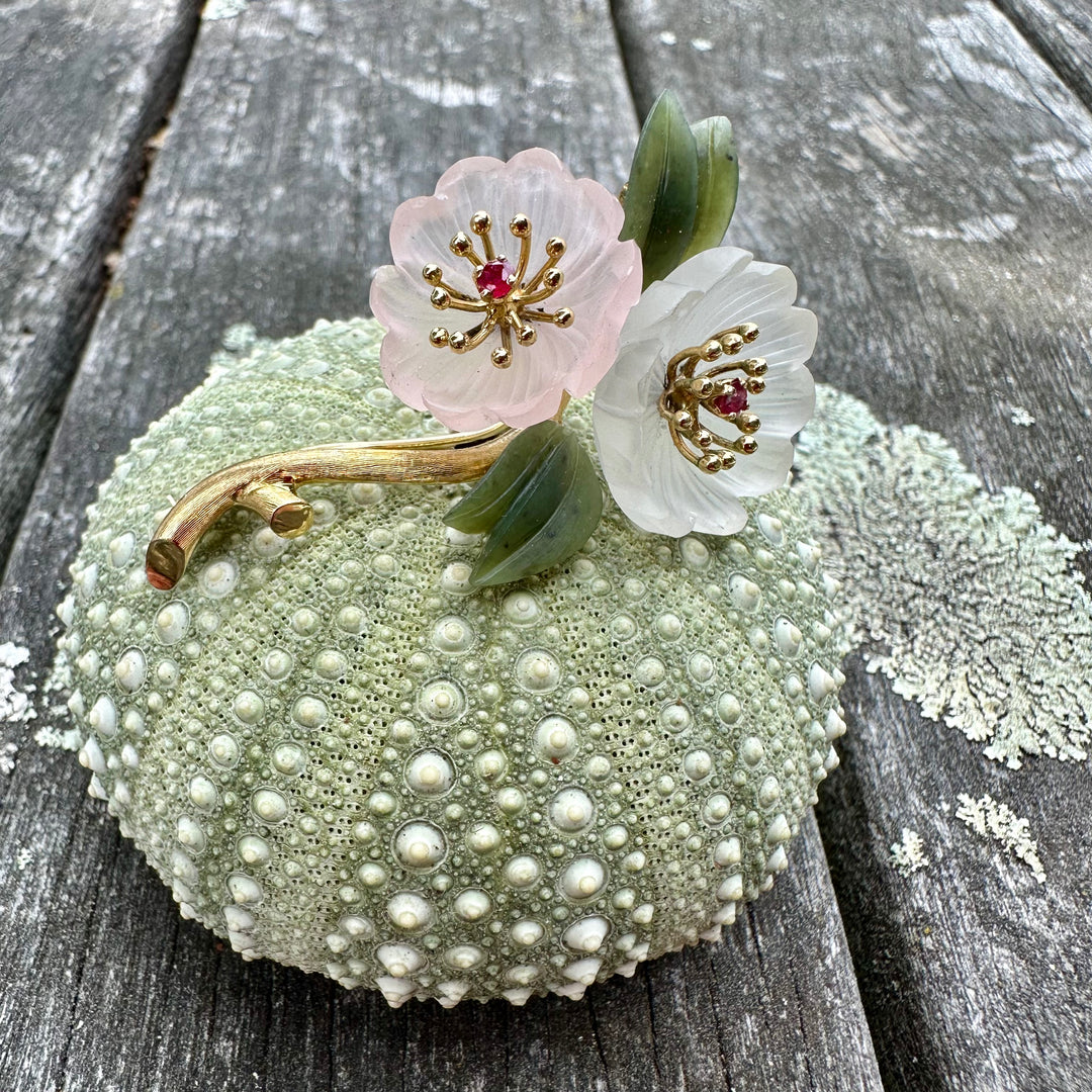 Vintage frosted rose quartz, ruby and rock crystal flower brooch