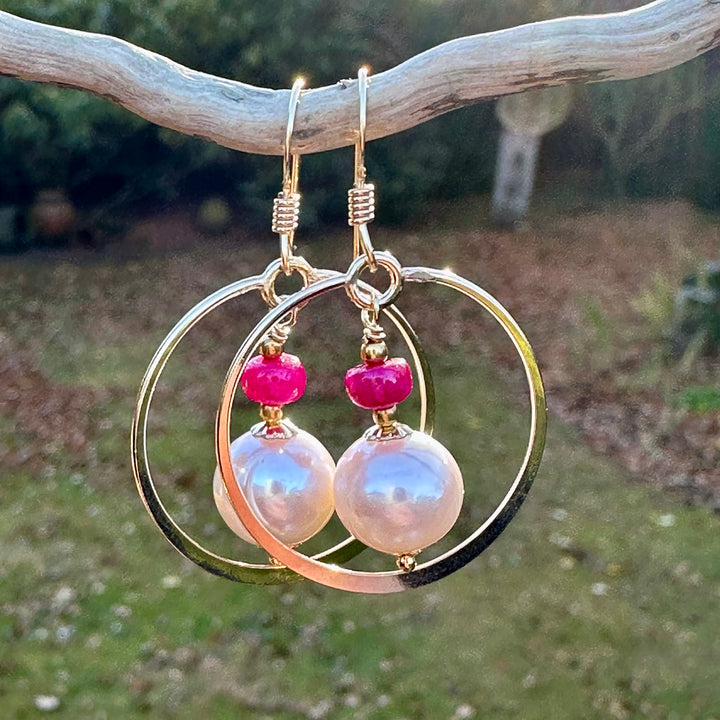 Ruby and freshwater pearl earrings